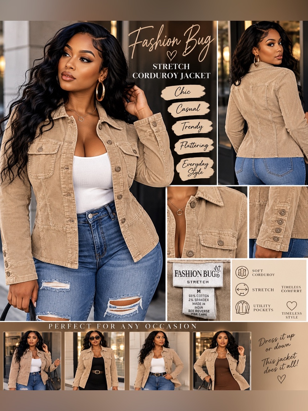 Fashion Bug Tan Stretch Corduroy Jacket size Med